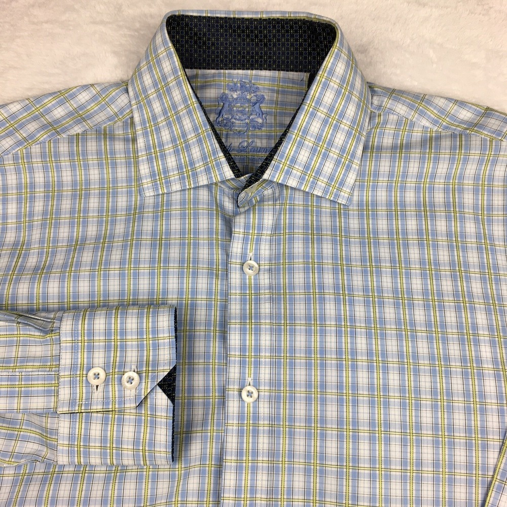 English Laundry Men's Dress Shirt 16-32/33 Blue Green Plaid Long Sleeve